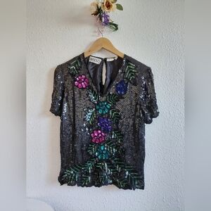 Vintage Sweelo Black Silk Sequin V Neck Shortsleeve Evening Blouse Top